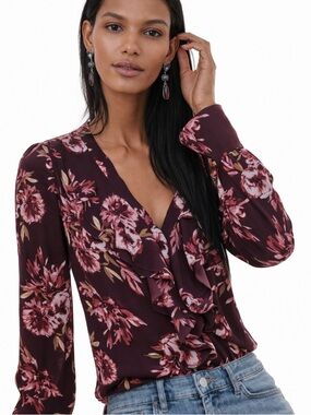 White House Black Market Burgundy Floral Ruffle V-Neck Blouse Petite Large LP